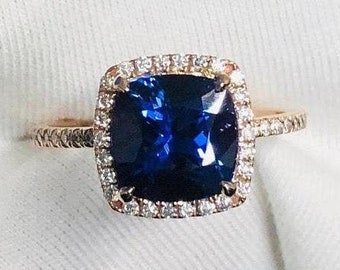 AAAA Royal Blue Tanzanite Engagement Ring, 14K Gold Diamond Halo