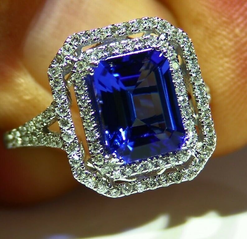 AAA Tanzanite Engagement Ring, Emerald Cut Diamond Halo, 14k White Gold