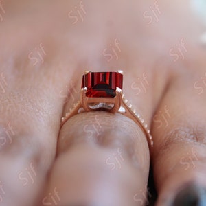 Octagon Natural Red Garnet Gemstone 14K Rose Gold 925 Silver Engagement Wedding Bridal Ring For Her Statement Promise Pave Shank Gift image 3