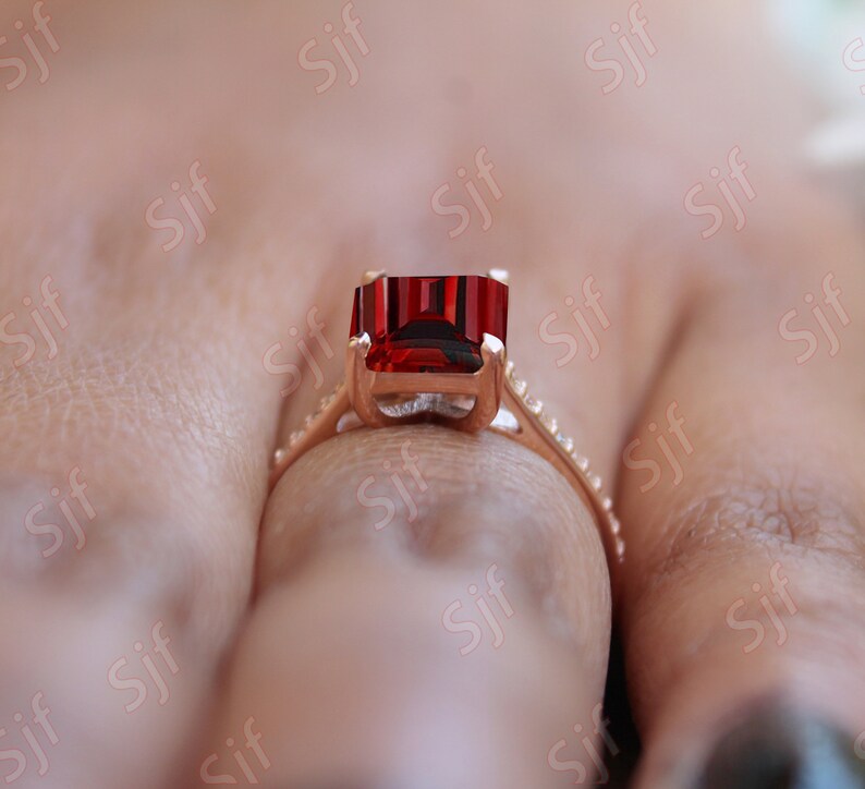 Octagon Natural Red Garnet Gemstone 14K Rose Gold 925 Silver Engagement Wedding Bridal Ring For Her Statement Promise Pave Shank Gift image 3