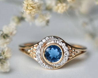 Round 5.00mm Natural London Blue Engagement Gold Ring, Beautiful Bezel Setting Blue Topaz &quot;Wedding Ring&quot; Gift For Love, Christmas Gift Ring