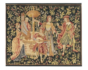 May include: A tapestry depicting a group of people playing music in a garden setting. The tapestry features a fountain, a lute player, a woman playing a pipe organ, and a man playing a lute. The tapestry is woven in a variety of colors, including red, green, blue, and gold.