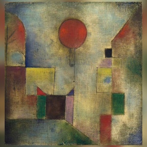 May include: Abstract painting with geometric shapes in shades of red, yellow, green, blue, and brown. A large red circle is in the center of the painting, representing a balloon.