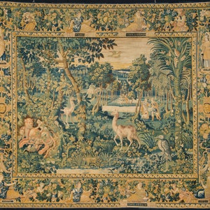 Throw Blanket - Forest Scene Tapestry with Cephalus en Procris Renaissance Gothic embroidery unicorn medieval art home decor gift newly weds