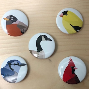 Pode incluir: Cinco botões redondos com alfinete que apresentam diferentes ilustrações de pássaros e animais. Os botões são brancos com um gaio azul, um cardeal, um ganso, um pintassilgo amarelo e um cardeal.