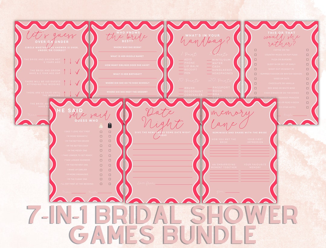 Pink Bridal Shower Games Bundle 7in1 Hens Day Games Etsy