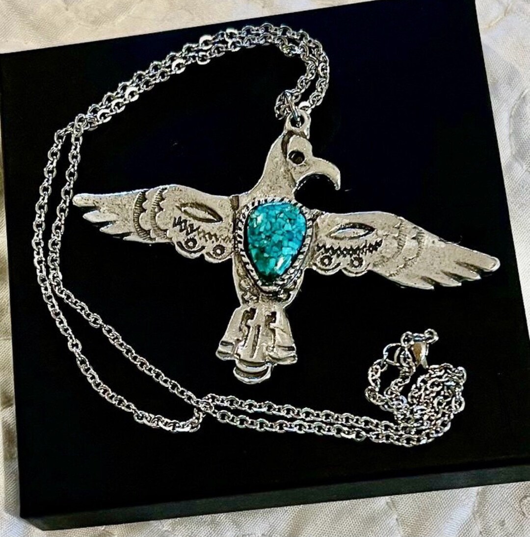 Thunderbird Pendant – Red Coral & Turquoise – Stamped Richard Yazzie