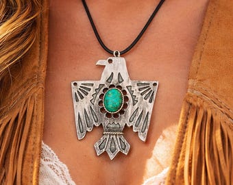 Pewter Thunderbird Pendant Necklace, Genuine Turquoise Inlay, Southwestern Style, Unisex