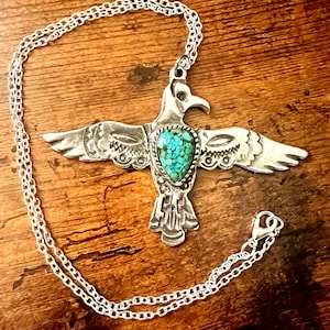 Genuine Turquoise Thunderbird Pendant Necklace - Silvery Pewter (Unisex)