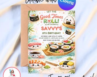 Paquete de plantillas de invitación para fiesta de sushi kawaii / Plantilla editable para cumpleaños y baby shower (descarga digital)
