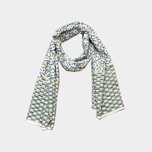 White Cotton Scarf with Blue and Yellow Traditional Indian Motif
