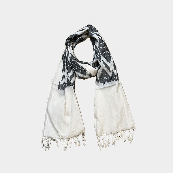 Soft Cotton Ikat Scarf in Gray and White from India