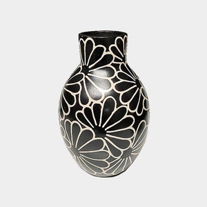 May include: Black ceramic vase with a white floral pattern. The vase has a rounded body and a narrow neck.