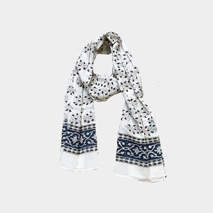 Blue Floral Block Printed Scarf on White Base