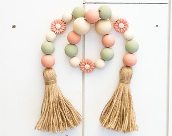 Sunflower Wood Bead Garland, Summer Tiered Tray, Beaded Garland, Farmhouse Beads, Garland with Tassel, Decorative Beads, Peach Decor