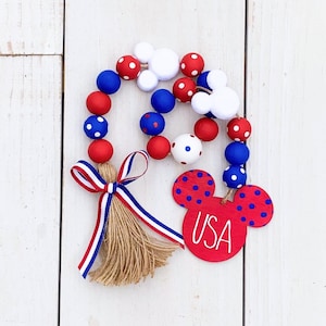 Farmhouse Mickey 4th of July Wood Bead Garland, Tiered Tray Decor, Independence Day, Patriotic Decor, Summer Tiered Tray,  Mickey Decor