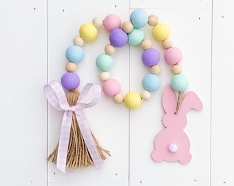 Farmhouse Easter Bunny Wood Bead Garland, Easter Decor, Tiered Tray Decor, Easter Tray, Spring Decor, Beaded Garland, Garland with Tassel