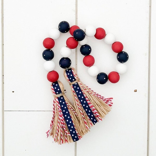Independence Day Wood Bead Garland, Tiered Tray Decor, Patriotic Decor, 4th of July, Garland Decor, Garland with Tassels, Decorative Trays