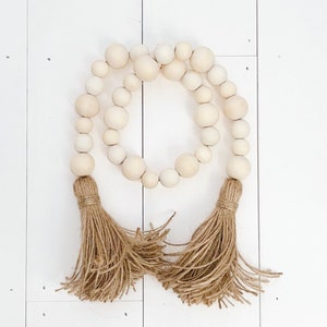 Farmhouse Natural Wood Bead Garland, Tiered Tray Decor, beaded Garland, natural beads, Farmhouse decor, Garland with Tassel