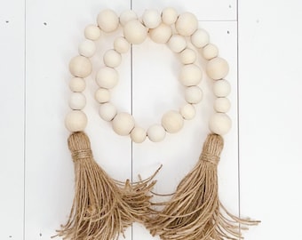 Farmhouse Natural Wood Bead Garland, Tiered Tray Decor, beaded Garland, natural beads, Farmhouse decor, Garland with Tassel