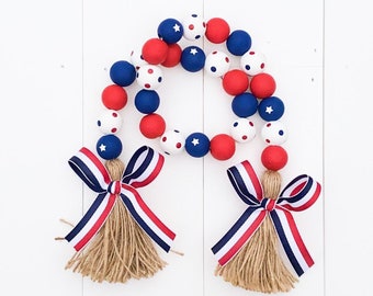 Farmhouse Independence Day Wood Bead Garland, Tiered Tray Decor, Patriotic Decor, 4th of July, Garland Decor, Summer Decor, Decorative Trays