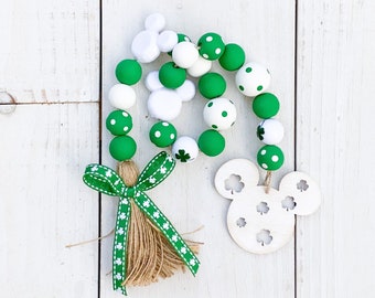 Mickey Wood Bead Garland, St Patricks Day Tiered Tray Decor, Beaded Garland, Wooden Bead Garland, Farmhouse Beads, Garland with Tassel