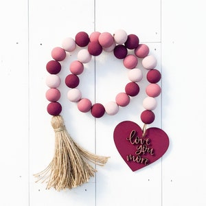 Wooden Bead Garland, Valentine's Day Red, White, Pink, With Heart Tag,  Farmhouse Beads, Tiered Tray Garland, Rae Dunn Style 