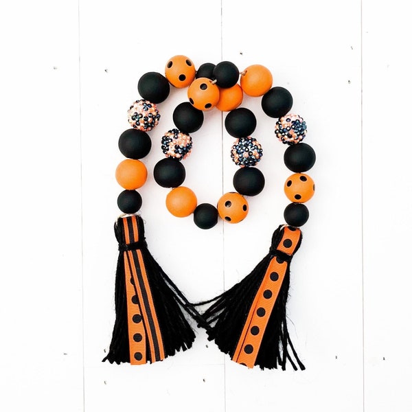 Halloween Wood Bead Garland, Halloween Tiered Tray Decor, Beaded Garland, Wooden Bead Garland, Farmhouse Beads, Garland with Tassel