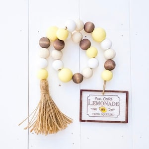 Lemon Wood Bead Garland, Summer Tiered Tray, Beaded Garland, Lemon Decor, Wooden Bead Garland, Farmhouse Beads, Garland with Tassel