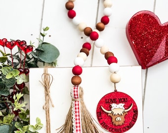 Highland Cow Valentines Day Wood Bead Garland, Valentine Tiered Tray Decor, Beaded Garland, Wooden Bead Garland, Farmhouse Beads, Decorative