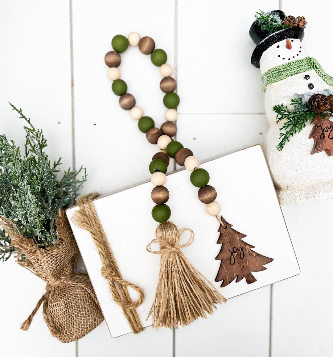 Christmas Tree Wood Bead Garland, Tiered Tray Decor, Beaded Garland, Wooden Bead Garland