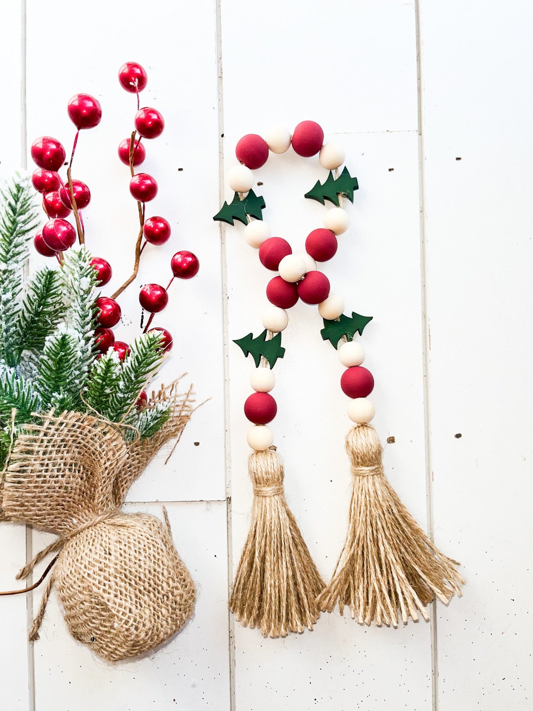 Christmas Tree Wood Bead Garland, Tiered Tray Decor, Beaded Garland