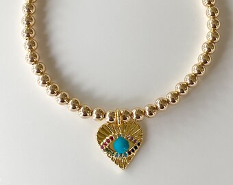 14k gold beaded bracelet, evil eye charm bracelet, evil eye gold bracelet, 14k evil eye bracelet, evil eye charm bracelet