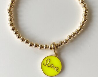 14k gold beaded bracelet, love charm bracelet, gold love bracelet, 14k gold love bracelet, love bead bracelet