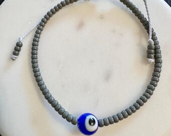Blue beaded bracelet, evil eye beaded bracelet, sliding knot bracelet, dainty bead bracelet, seed bead bracelet, grey bracelet