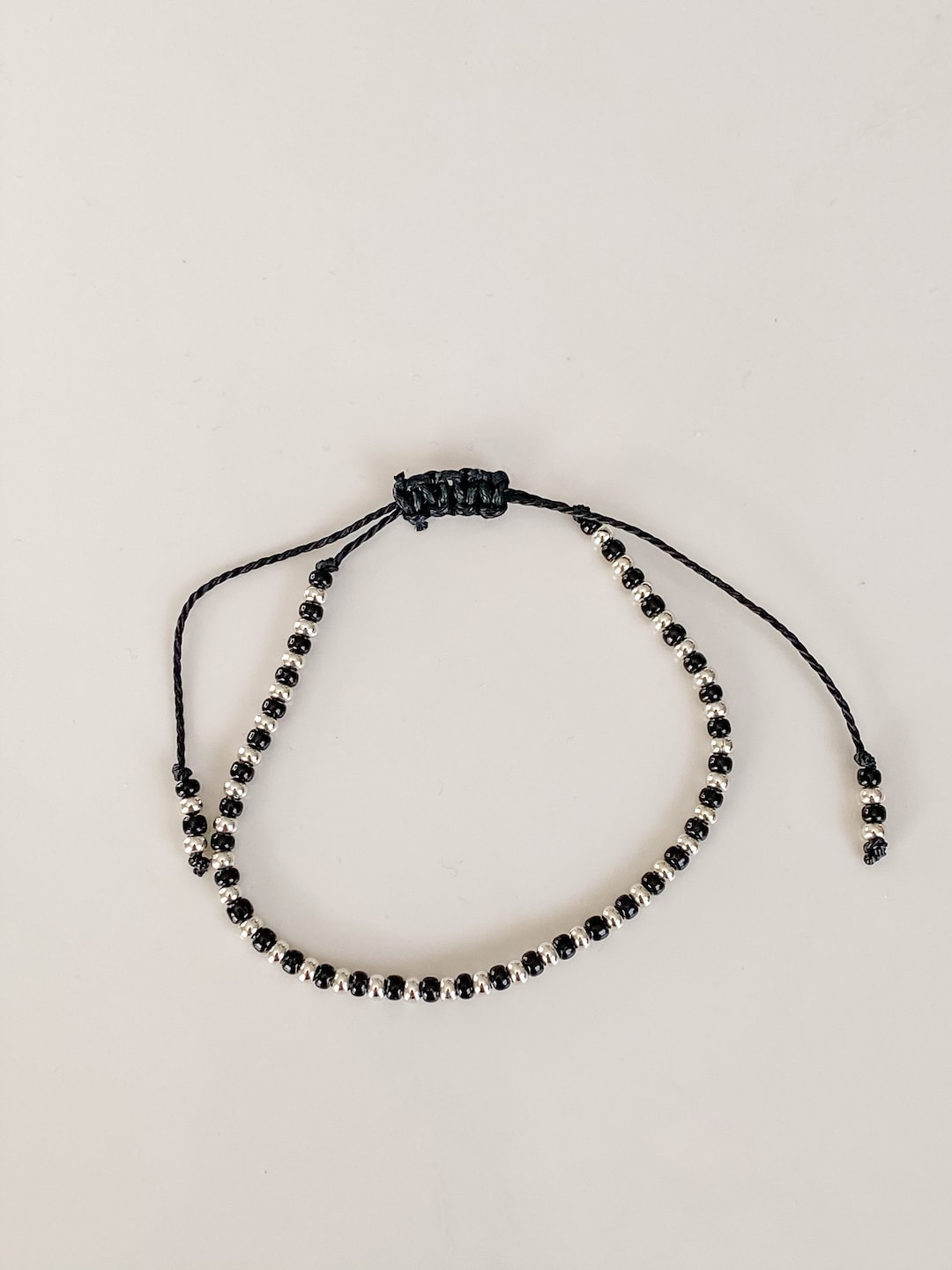 Black and Silver Beaded Bracelet, Sliding Knot Bracelet, Dainty Bead