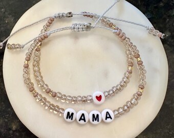 Mama beaded bracelet, heart beaded bracelet,  sliding knot bracelet, bead bracelet, mama sliding knot bracelet, seed bead bracelet