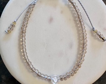 Neutral beaded  bracelet, sliding knot bracelet, heart bead bracelet, grey beaded bracelet, seed bead bracelet, silver pearl bracelet