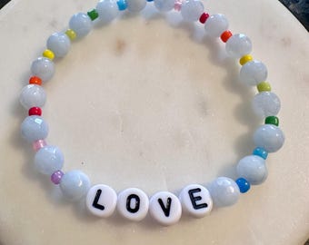 Aquamarine beaded bracelet, gemstone  bracelet, personalized beaded bracelet, custom name bracelet, rainbow beaded bracelet