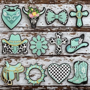 New Creative Green Turquoise Western Cowgirl Themed Embroidered Fabric Patches Cow Heads, Boots, And Cowboy Hats