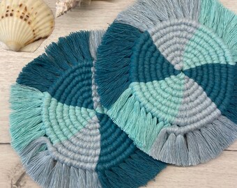 OCEAN Macrame Coasters: Boho Home Decor, Tri-coloured blue handmade coasters