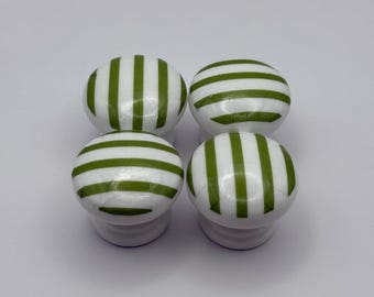 Bright Olive Green Stripe Wooden Drawer Knobs: 35mm Decoupaged Pulls (with fixings)