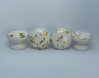 Gold Paint Splatter effect White Wooden Drawer Knobs: Hand-Decoupaged, 35mm with fixings