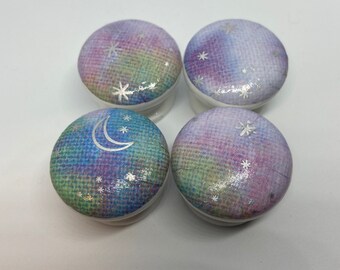 Space Themed Decoupaged Wooden Drawer Knobs: Holographic Stars and Moons, 35mm with fixings