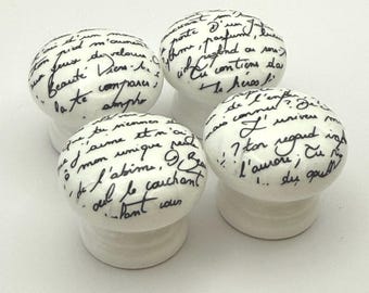 White Gloss Drawer Knobs with Black French Script Handwriting, Decoupaged Wooden Pulls (35mm) with fixings