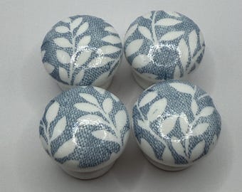 Blue and White Leaf Patterned Gloss Drawer Knobs, Decoupaged 35mm Handles (with fixings)
