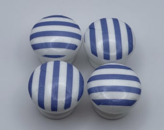 Gloss White with Porcelain Blue Striped Wooden Drawer Knobs: 35mm Decoupaged Pulls (with fixings)
