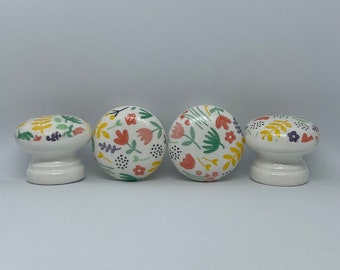 Multi-coloured Floral Decoupaged Drawer Knobs - 35mm Wooden Pulls (with fixings)
