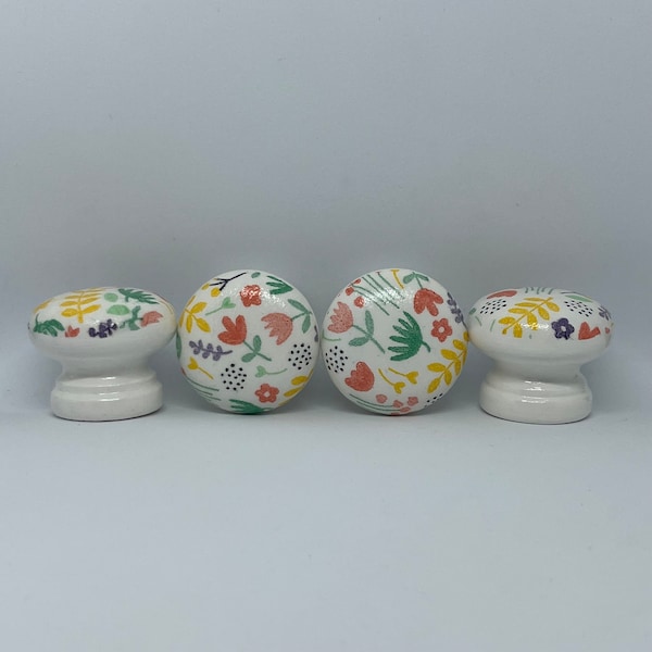 Multi-coloured Floral Decoupaged Drawer Knobs - 35mm Wooden Pulls (with fixings)