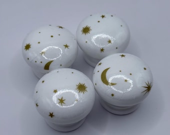 Celestial Drawer Knobs, White with Decoupaged Gold Stars, Suns and Moons, 35mm handles (with fixings)